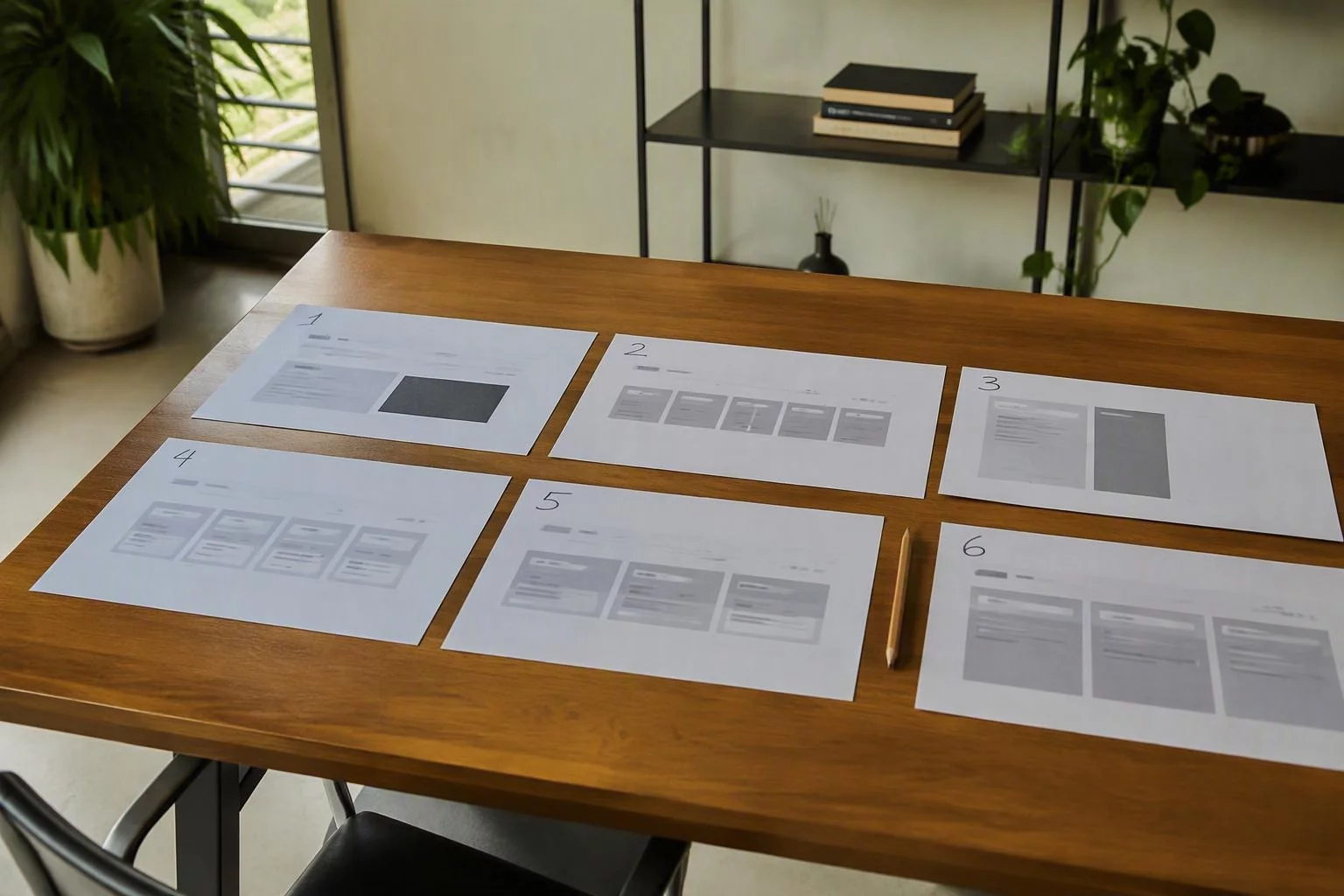 Folhas de telas impressas espalhadas na mesa em ordem de percurso