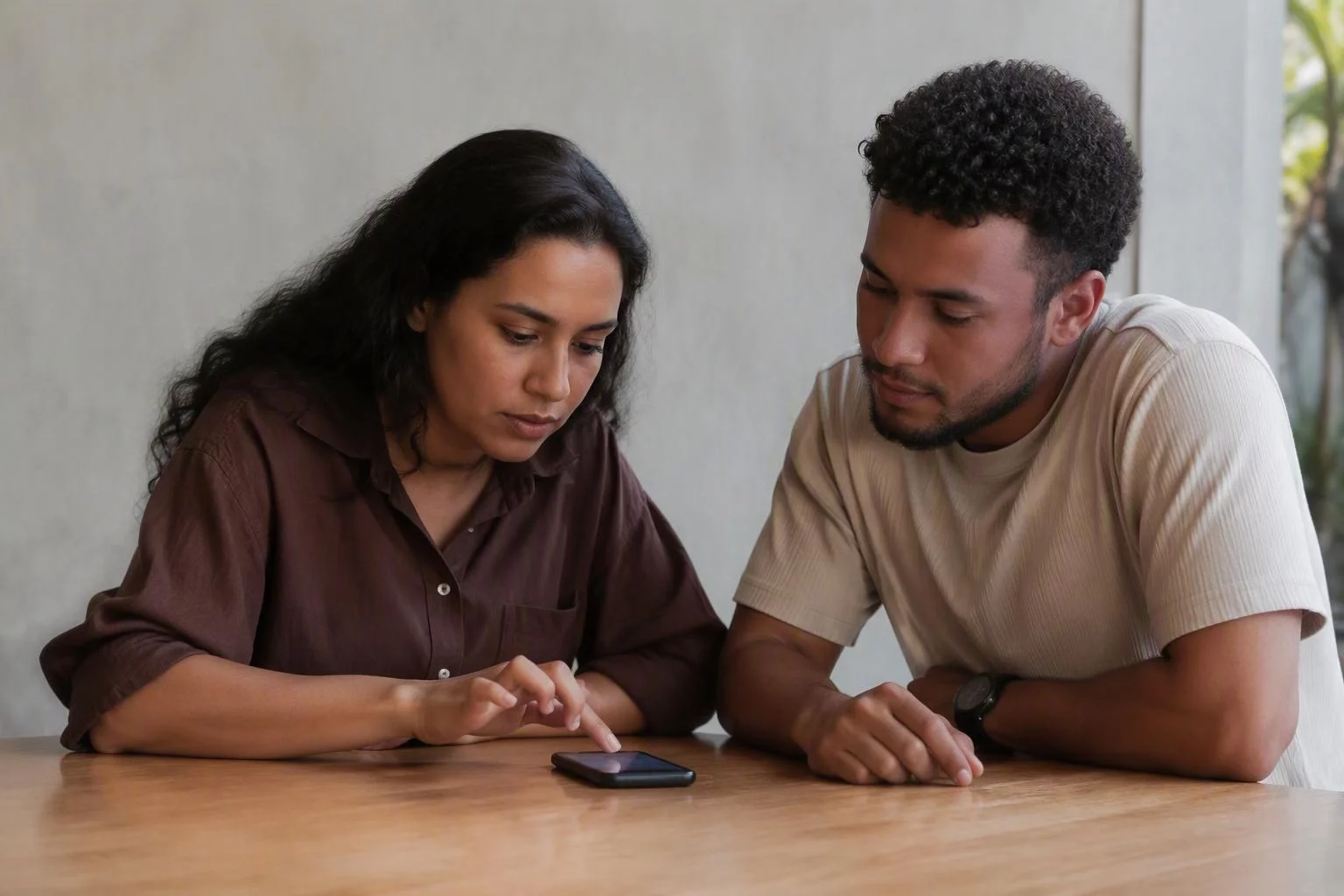 Duas pessoas experimentando um protótipo no celular sobre a mesa